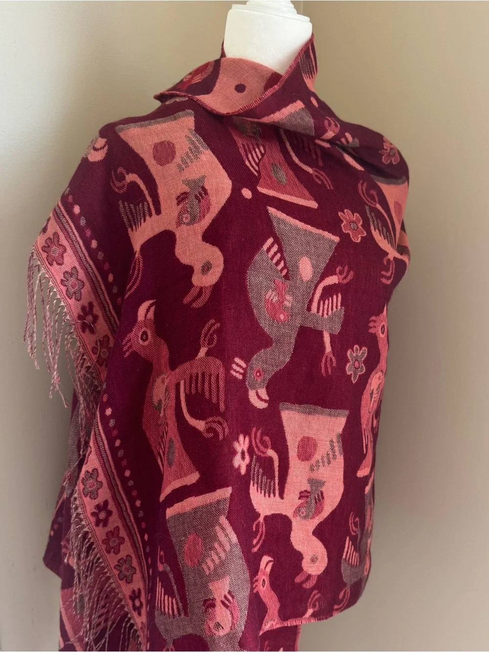 Kuna Millennium collection shawl scarf silk alpaca Nazca culture cherry red pink